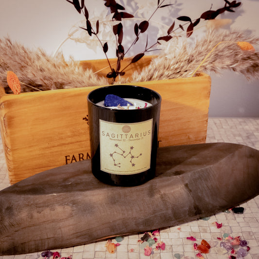 The Zodiac Crystal Candle Collection - Black Lotti Candle With Cotton Wick - Customisable (200g)