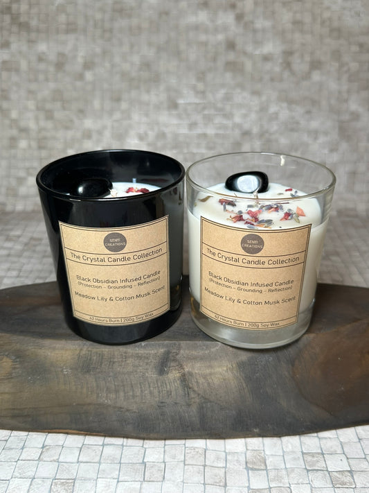 Black Obsidian Infused crystal candle - Meadow Lily & Cotton Musk Scent (200g)