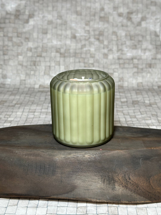 Green Fluted Glass Crystal Infused Candle With Cotton Wick - Customisable (200g)