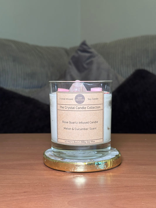 Heart & Rose Quartz Infused Candle - Melon & Cucumber - 200g